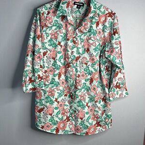 Lands’ End Button Down Floral Blouse 3/4 Sleeves No Iron Supima